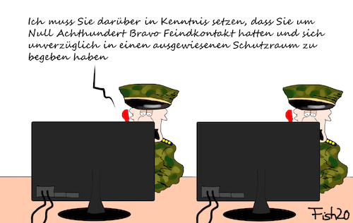 Cartoon: Bundeswehr hilft (medium) by Fish tagged corona,bundeswehr,hilfe,sensibel,sodaten,berlin,friedrichshain,kreuzberg,null,achthundert,bravo,schutzraum,militär,feindkontakt