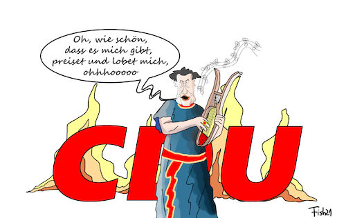Cartoon: CDU in Flammen (medium) by Fish tagged cdu,kanzlerkandidat,söder,laschet,merkel,bundestagswahl,csu,nero,rom,flammen,gesang,harfe
