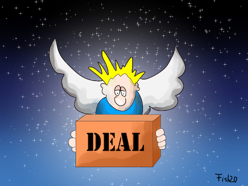 Cartoon: Deal (medium) by Fish tagged engel,paket,flügel,deal,christkind,england,boris,johnson,eu,briten,vertrag,fischereirrechte,verhandlungen,handel,zoll,zölle,warenverkehr