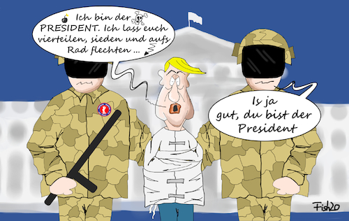 Cartoon: Ich bin der President (medium) by Fish tagged trump,president,usa,wahlen,biden,machtübergabe,white,house,nationalgarde,zwangsjacke,schlagstock,sieden,vierteilen,aufs,rad,flechten