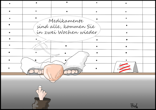 Cartoon: Medikamentenengpass II (medium) by Fish tagged medikamente,engpass,arzt,rezept,krank,krankheit,apotheke,aspirin,ibuprofen,paracetamol,schmerzmittel,schmerzen