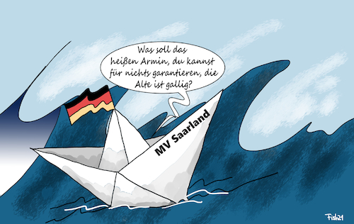 Cartoon: Modellversuch Saarland (medium) by Fish tagged saarland,modellversuch,merkel,cdu,dritte,welle,papierschiffchen,faltboot,armin,laschet