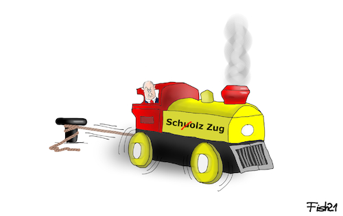 Cartoon: Scholz-Zug (medium) by Fish tagged scholz,olaf,kanzlerkandidat,spd,bundetagsahl,klausurtagung,esken,saskia,norbert,walter,borjans,umfragetief,zug,lokomotive,seil,poller,spielzeugeisenbahn,holzbahn