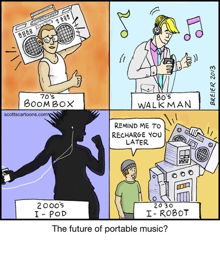 Cartoon: Portable Music (medium) by noodles tagged ipod,irobot,walkman,boombox,music,noodles