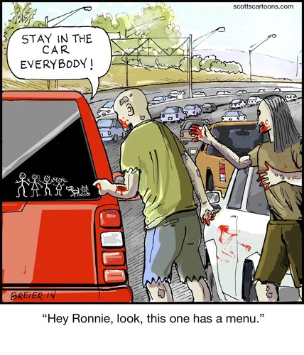 Cartoon: Zomie Minivan (medium) by noodles tagged zombies,minivan,stick,figure,family