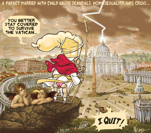 Cartoon: BENEDICT XVI RESIGNS (medium) by NEM0 tagged pope,benedict,xvi,papacy,vatican,aids,homosexuality,scandals,crisis,christian,catholic,rome,condoms,child,abuse