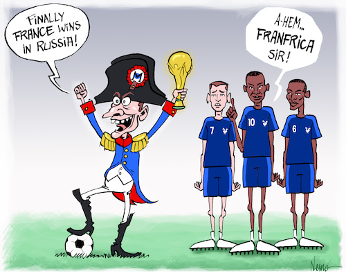 Cartoon: Franfrica Wins in Russia (medium) by NEM0 tagged fifa,world,cup,football,futbol,mundial,mondial,soccer,croatia,macron,napoleon,win,russia,fff,federation,francaise,de,footbal,griezmann,pogba,mbappe,france,africa,franfrica,nem0,nemo,fifa,world,cup,football,futbol,mundial,mondial,soccer,croatia,macron,napoleon,win,russia,fff,federation,francaise,de,footbal,griezmann,pogba,mbappe,france,africa,franfrica,nem0,nemo