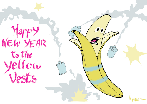 Cartoon: Happy New Year Yellow Vests (medium) by NEM0 tagged macron,france,new,year,yellow,vests,protests,riots,banana,carbon,tax,middle,class,warfare,unemployment,climate,change,paris,agreement,un,sustainability,nemo,nem0,macron,france,new,year,yellow,vests,protests,riots,banana,carbon,tax,middle,class,warfare,unemployment,climate,change,paris,agreement,un,sustainability,nemo,nem0