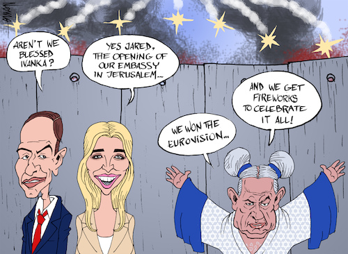 Cartoon: Israel 70 (medium) by NEM0 tagged jerusalem,us,embassy,donald,aniversary,ivanka,trump,jared,kushner,wall,palestine,hamas,two,state,solution,capital,of,israel,riots,benjamin,netanyahu,bibi,tear,gas,fireworks,netta,eurovision,jerusalem,us,embassy,donald,aniversary,ivanka,trump,jared,kushner,wall,palestine,hamas,two,state,solution,capital,of,israel,riots,benjamin,netanyahu,bibi,tear,gas,fireworks,netta,eurovision