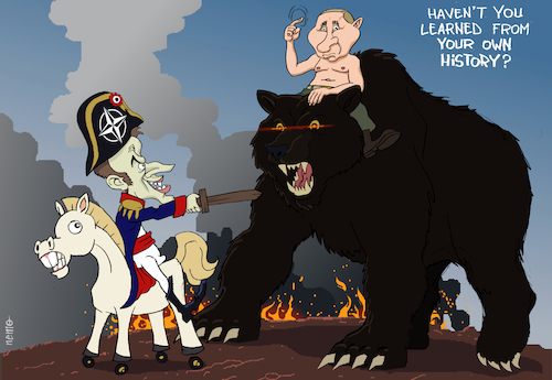 Cartoon: Macroleon Versus Russia (medium) by NEM0 tagged us,usa,russia,ukraine,france,nato,north,atlantic,treaty,organisation,eu,europe,euro,sanctions,article,council,threat,alliance,automatic,response,macron,putin,bear,proxy,direct,war,conflict,cold,hot,weaponds,fund,troops,wwiii,imperialism,hyperimperialism,donbas,crimea,nemo