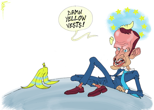 Cartoon: Macron Trips on a Yellow Vest (medium) by NEM0 tagged macron,france,new,year,yellow,vests,protests,riots,banana,carbon,tax,middle,class,warfare,unemployment,climate,change,paris,agreement,un,sustainability,nemo,nem0,macron,france,new,year,yellow,vests,protests,riots,banana,carbon,tax,middle,class,warfare,unemployment,climate,change,paris,agreement,un,sustainability,nemo,nem0