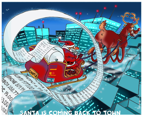 Cartoon: SANTA is Back to Town (medium) by NEM0 tagged card,credit,clauss,santa,xmas,rudolf,mastercard,visa,money,gift,christmas,consumerism,santa,clauss,credit,card,visa,mastercard,rudolf,xmas,christmas,gift,money,consumerism