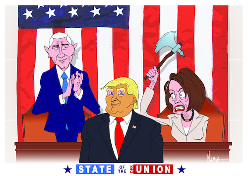 Cartoon: State of the Desunion (medium) by NEM0 tagged state,of,the,union,adress,donald,trump,nancy,pelosi,pence,president,congress,desunion,axe,divide,divisive,us,usa,potus,united,states,nemo,nem0,state,of,the,union,adress,donald,trump,nancy,pelosi,pence,president,congress,desunion,axe,divide,divisive,us,usa,potus,united,states,nemo,nem0