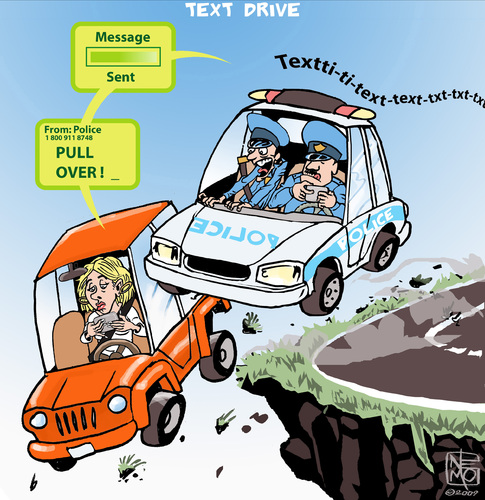 Cartoon: Text Drive (medium) by NEM0 tagged accident,accidents,cars,autos,car,driver,drivers,auto,cell,phone,cop,cops,danger,distraction,driving,phones,text,texts,texter,texters,message,mobile,police,patrol,road,ride,smart,texting