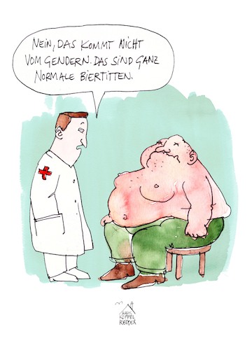 Cartoon: Gendern (medium) by Koppelredder tagged gendern,bier,brüste,übergewicht,ängste,projektionen,afd,wutbürger,homophobie,arzt,patient,gendern,bier,brüste,übergewicht,ängste,projektionen,afd,wutbürger,homophobie,arzt,patient