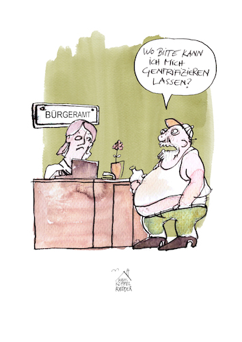 Cartoon: Gentrifizierung (medium) by Koppelredder tagged gentrifizierung,bürgeramt,amt,antrag,armut,stadt,stadtentwicklung,gentrifizierung,bürgeramt,amt,antrag,armut,stadt,stadtentwicklung