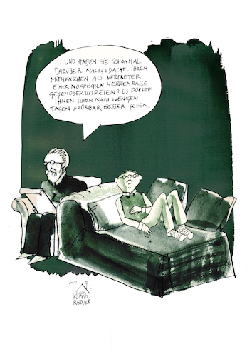 Cartoon: Herrenmensch (medium) by Koppelredder tagged racism,psychologie,therapie,psychoanalyse,minderwertigkeitskomplex,freud,couch,rassismus,radikalismus,rechtsradikalismus,psychologie,therapie,psychoanalyse,minderwertigkeitskomplex,freud,couch,rassismus,radikalismus,rechtsradikalismus