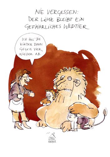 Cartoon: Wildtier (medium) by Koppelredder tagged wildtier,raubtier,löwe,fleischfresser,kinder,eltern,vertrauen,kita,kinderbetreuung,wildtier,raubtier,löwe,fleischfresser,kinder,eltern,vertrauen,kita,kinderbetreuung