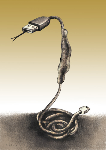 Cartoon: Technology risk (medium) by Wesam Khalil tagged technology,risk,usb,addiction