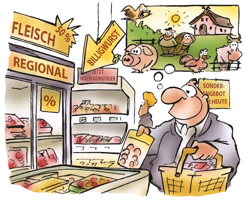 Cartoon: Billig aber Bio (medium) by HSB-Cartoon tagged fleisch,wust,fleischware,supermarkt,verbrauchere,kunde,discounter,rindfleisch,schweinefleisch,wurstware,tiefkühltruhe,einkaufen,konsum,rabatt,billig,billigfleisch,konsument,bauernhof,idylle,agrar,fleischproduktion,tierhaltung,tierwohl,fleischqualität,qualitätssiegel,haltungsstufe,marketing,werbung,fleisch,wust,fleischware,supermarkt,verbrauchere,kunde,discounter,rindfleisch,schweinefleisch,wurstware,tiefkühltruhe,einkaufen,konsum,rabatt,billig,billigfleisch,konsument,bauernhof,idylle,agrar,fleischproduktion,tierhaltung,tierwohl,fleischqualität,qualitätssiegel,haltungsstufe,marketing,werbung