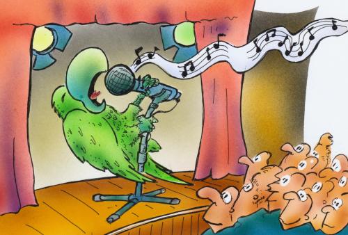 Cartoon: covered song (medium) by HSB-Cartoon tagged star,music,pop,beat,jazz,song,stage,parrot,hiphop,fan,illustration,illustrationen,vogel,papagei,tier,tiere,bühne,theater,auftritt,vorführung,zuschauer,singen,musik,musiker,sänger,zwitschern,trällern,ton,sound