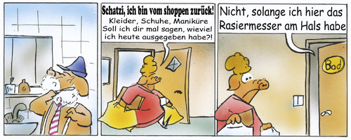 Cartoon: Einkaufsverhalten (medium) by HSB-Cartoon tagged cartoon,caricature,karikatur,rasieren,einkaufen,shoppen,shopping,rasiermesser,airbrush,comicstrip,comic,hsb,comic,tiere,beziehung,einkaufen,shopping,shoppen,liebe