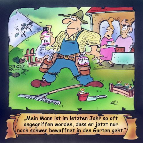 Cartoon: Insektenschreck (medium) by HSB-Cartoon tagged garten,insekten,animals,gärtner,,garten,gift,ungeziefer,pestizid,pilz,insekt,schädling,gärtner,schrebergarten,werkzeug,pflege,cowboy