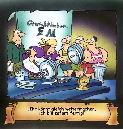 Cartoon: Manneskraft un d Frauenpower (medium) by HSB-Cartoon tagged sport,gewichtheber,putzfrau,,sport,gewichtheber,putzfrau,em,meisterschaft,arbeit,hart,gewicht,athletik,anheben,mop,putzen