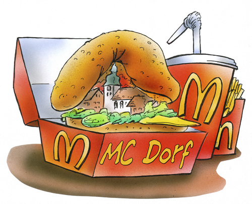 Cartoon: Mc Donalds (medium) by HSB-Cartoon tagged mc,donalds,mcdonalds,fastfood,hamburger,cheeseburger,pommes,cola,fastfoodkette,imbiss,dorf,village,airbrush,mc donalds,mc doof,fastfood,hamburger,cheeseburger,mc,donalds,doof