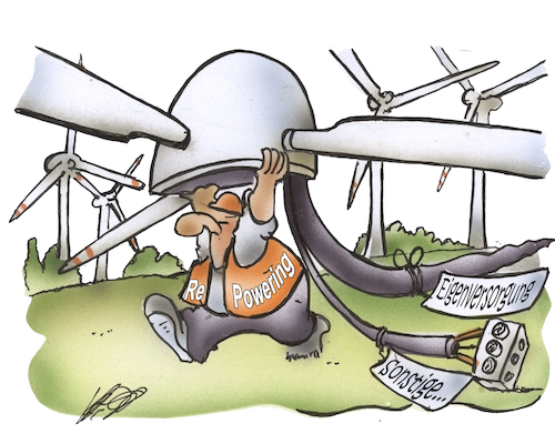 Cartoon: Repowering (medium) by HSB-Cartoon tagged repowering,windkraft,windrad,windenergie,öko,ökostrom,windkraftwerk,eon,strom,stromverbrauch,windpark,windvorrangzone,windkraftenergie,stromproduktion,windkraftbetreiber,bewegungsenergie,netztechnik,stromnetz,kw,kilowatt,megawatt,windkraftanlage,stromerzeugungsanlage,kraftwerkserneuerung,repowern,windturbine,cartoon,karikatur,repowering,windkraft,windrad,windenergie,öko,ökostrom,windkraftwerk,eon,strom,stromverbrauch,windpark,windvorrangzone,windkraftenergie,stromproduktion,windkraftbetreiber,bewegungsenergie,netztechnik,stromnetz,kw,kilowatt,megawatt,windkraftanlage,stromerzeugungsanlage,kraftwerkserneuerung,repowern,windturbine,cartoon,karikatur