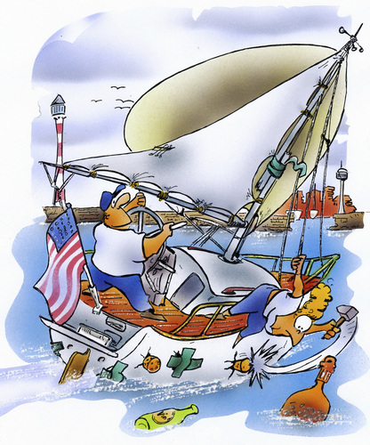 Cartoon: sailing home (medium) by HSB-Cartoon tagged sailing,sea,ocean,harbour,sailboat,skipper,boat,ship,couple,man,woman,cartoon,caricature,airbrush,segeln,segelboot,meer,ozean,schiff,hafen,hsbcartoon