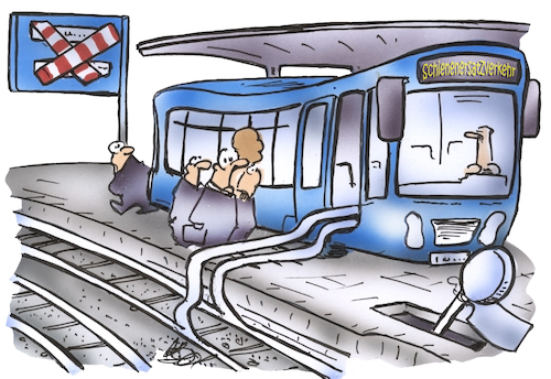 Cartoon: Schienenersatzverkehr (medium) by HSB-Cartoon tagged bahn,db,deutschebahn,bahnhof,schienenersatzverkehr,bus,karikatur,busse,öpnv,bahnkunde,insasse,pendler,schaffner,cartoon,bahnsteig,zug,lok,personenzug,bahn,db,deutschebahn,bahnhof,schienenersatzverkehr,bus,karikatur,busse,öpnv,bahnkunde,insasse,pendler,schaffner,cartoon,bahnsteig,zug,lok,personenzug