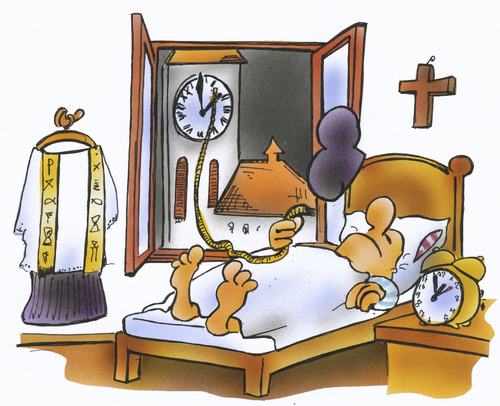 Cartoon: Sommerzeit (medium) by HSB-Cartoon tagged sommerzeit,winterzeit,geistliche,kirche,pastor,pater,pfarrer,turmuhr,kirchturm,kreuz,schlaf,wecker,zeit,cartoon,karikatur,hsb,airbrush,sommerzeit,winterzeit,kirche,religion,glaube,umstellung,zeit