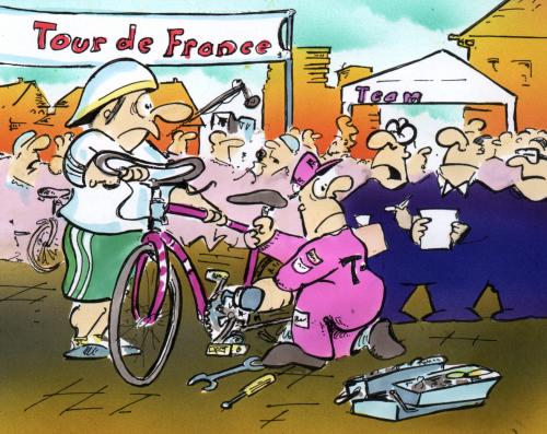 Cartoon: Tour de France 1 (medium) by HSB-Cartoon tagged tour,de,france,doping,cycling,tour de france,doping,radrennen,fahrrad,telekom,spritze,substanz,aufputschmittel,blut,test,disqualifikation,ulrich,unfair,unsportlich,ersatzrad,etappe,sturz