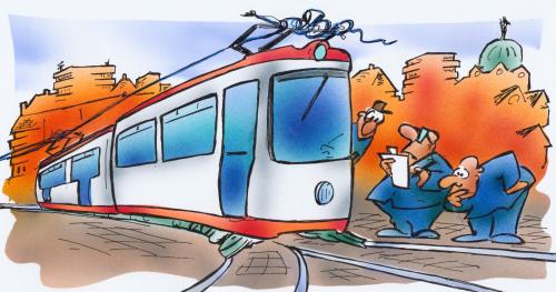 Cartoon: tram (medium) by HSB-Cartoon tagged tram,traffic,town,railway,illustration,illustrationen,straßenbahn,stadt,bvg,transport,verkehr,öffentliche verkehrsmittel,straßenverkehr,transportmittel,city,inspektion,inspektor,technik,mängel,alt,kaputt,wartung,wartungsarbeiten,sicherheit,verkehrssicherheit,unfall,verkehrsunfall,öffentliche,verkehrsmittel