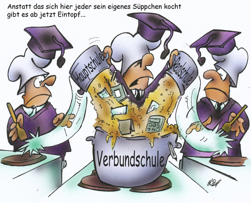 Cartoon: Verbundschule (medium) by HSB-Cartoon tagged schule,schulpolitik,schüler,lehrer,politik,nrw,nordrhein,westfalen,koch,küche,suppe,suppentopf,hauptschule,realschule,köche,eintopf,karikatur,cartoon,airbrush,airbrushdesign,airbrushcartoon,hsb,hsbcartoon,hsbfaktory