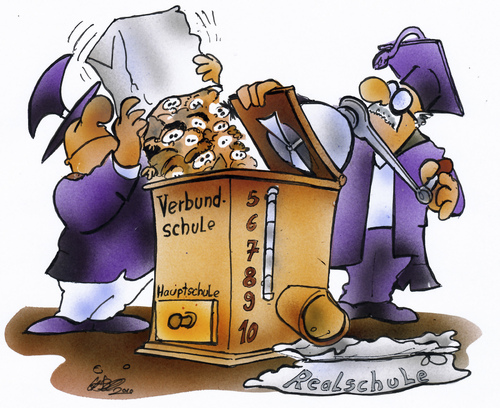 Cartoon: Verbundschule (medium) by HSB-Cartoon tagged schule,verbundschule,schulpolitik,politiker,lehrer,mühle,pädagoge,cartoon,karikatur,airbrush,schule,verbundschule,schulpolitik,politiker,lehrer,mühle,pädagoge