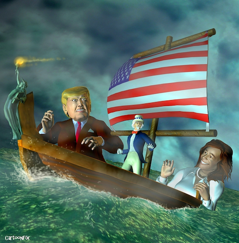 Cartoon: Between Scylla and Charybdis (medium) by Cartoonfix tagged wahlen,usa,trump,harris,between,scylla,and,charybdis