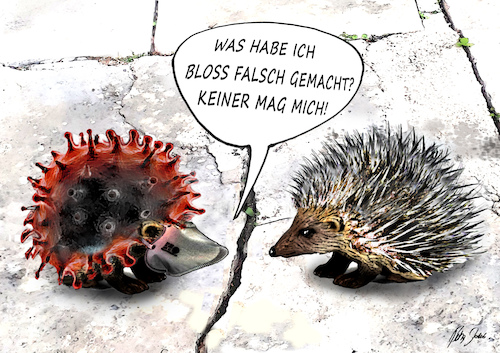 Cartoon: Keiner mag mich (medium) by jakpet tagged corona,covid19,tiere,tierliebe,antipathie,virus,igel