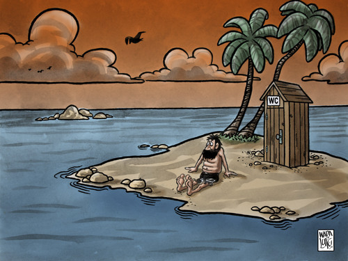 Cartoon: naufrago civico (medium) by Wadalupe tagged isla,desierta,wc,naufrago,palmeras,civilizacion,mar,soledad
