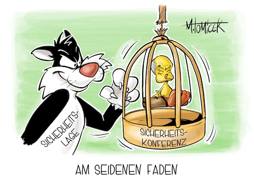 Cartoon: Am seidenen Faden (medium) by Mirco Tomicek tagged sicherheitskonferenz,münchen,sicherheit,konferenz,krieg,ukraine,russland,gazastreifen,nahost,unsicher,nato,un,sylvester,tweety,looney,tunes,karikatur,pressekarikatur,cartoon,mirco,tomicek,sicherheitskonferenz,münchen,sicherheit,konferenz,krieg,ukraine,russland,gazastreifen,nahost,unsicher,nato,un,sylvester,tweety,looney,tunes,karikatur,pressekarikatur,cartoon,mirco,tomicek