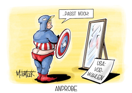 Cartoon: Anprobe (medium) by Mirco Tomicek tagged usa,amerika,vorwahl,vorwahlen,sieg,vorwahlsieg,new,hamsphire,donald,trump,ex,präsident,präsidentschaftswahl,wahl,wahlen,captain,america,karikatur,cartoon,pressekarikatur,mirco,tomicek,usa,amerika,vorwahl,vorwahlen,sieg,vorwahlsieg,new,hamsphire,donald,trump,ex,präsident,präsidentschaftswahl,wahl,wahlen,captain,america,karikatur,cartoon,pressekarikatur,mirco,tomicek