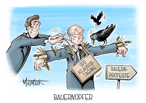 Cartoon: Bauernopfer (medium) by Mirco Tomicek tagged spd,klausurtagung,klausur,olaf,scholz,kritik,schuldenbremse,bremse,haushalt,bauern,bauernproteste,protest,landwirte,landwirtschaft,karikatur,pressekarikatur,cartoon,mirco,tomicek,spd,klausurtagung,klausur,olaf,scholz,kritik,schuldenbremse,bremse,haushalt,bauern,bauernproteste,protest,landwirte,landwirtschaft,karikatur,pressekarikatur,cartoon,mirco,tomicek