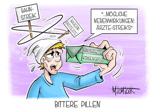 Cartoon: Bittere Pillen (medium) by Mirco Tomicek tagged gdl,bahnstreik,lokführerstreik,lokführer,bahn,zug,streik,bauernproteste,bauern,portest,demo,landwirte,landwirtschaft,hausärzte,ärzte,ärzt,ärztin,karl,lauterbach,gesundheitsreform,gesundheit,reform,gehälter,lohn,honorar,geld,cartoon,karikatur,pressekarikatur,mirco,tomicek,gdl,bahnstreik,lokführerstreik,lokführer,bahn,zug,streik,bauernproteste,bauern,portest,demo,landwirte,landwirtschaft,hausärzte,ärzte,ärzt,ärztin,karl,lauterbach,gesundheitsreform,gesundheit,reform,gehälter,lohn,honorar,geld,cartoon,karikatur,pressekarikatur,mirco,tomicek