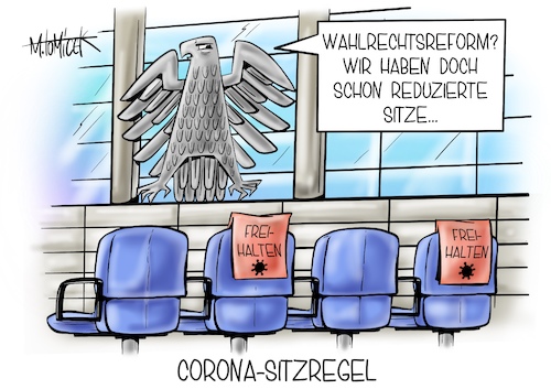 Cartoon: Corona-Sitzregel (medium) by Mirco Tomicek tagged wahlrechtsreform,wahlrechts,reform,beschlossen,eilantrag,antrag,abgelehnt,bundestag,sitze,sitz,stühle,sitzplatz,reduzieren,reduziert,große,koalition,bundesverfassungsgericht,abgewiesen,oppositionsparteien,grüne,fdp,linke,corona,abstandsregel,regeln,sitzregeln,bundesadler,bundestagswahl,cartoon,karikatur,pressekarikatur,mirco,tomicek,wahlrechtsreform,wahlrechts,reform,beschlossen,eilantrag,antrag,abgelehnt,bundestag,sitze,sitz,stühle,sitzplatz,reduzieren,reduziert,große,koalition,bundesverfassungsgericht,abgewiesen,oppositionsparteien,grüne,fdp,linke,corona,abstandsregel,regeln,sitzregeln,bundesadler,bundestagswahl,cartoon,karikatur,pressekarikatur,mirco,tomicek