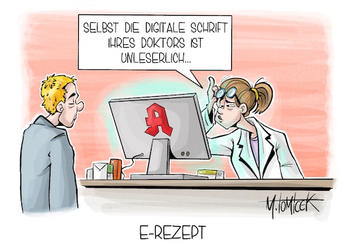 Cartoon: E-Rezept (medium) by Mirco Tomicek tagged rezept,elektronisch,versicherungskarte,versicherung,karte,medikamente,medikament,apotheke,apotheker,apothekerin,medizin,verschreibungspflichtig,arzt,ärzte,ärztin,gesundheit,handschrift,cartoon,karikatur,pressekarikatur,mirco,tomicek,rezept,elektronisch,versicherungskarte,versicherung,karte,medikamente,medikament,apotheke,apotheker,apothekerin,medizin,verschreibungspflichtig,arzt,ärzte,ärztin,gesundheit,handschrift,cartoon,karikatur,pressekarikatur,mirco,tomicek