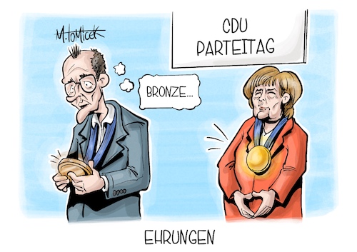 Cartoon: Ehrungen (medium) by Mirco Tomicek tagged olympia,olympischen,spiele,winterspiele,gold,silber,bronze,medaillen,medaille,cdu,parteitag,partei,bundesparteitag,merz,merkel,karikatur,pressekarikatur,cartoon,mirco,tomicek,olympia,olympischen,spiele,winterspiele,gold,silber,bronze,medaillen,medaille,cdu,parteitag,partei,bundesparteitag,merz,merkel,karikatur,pressekarikatur,cartoon,mirco,tomicek