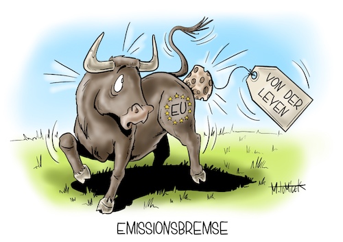 Cartoon: Emissionsbremse (medium) by Mirco Tomicek tagged emission,emissionen,emissionswerte,klima,klimaziel,ursula,von,der,leyen,rede,europäische,union,eu,verschärfung,einsparen,co2,abgase,klimaneutral,klimaschutz,umweltschutz,europa,kommissionspräsidentin,stier,tiere,umweltverschmutzung,karikatur,cartoon,mirco,tomicek,emission,emissionen,emissionswerte,klima,klimaziel,ursula,von,der,leyen,rede,europäische,union,eu,verschärfung,einsparen,co2,abgase,klimaneutral,klimaschutz,umweltschutz,europa,kommissionspräsidentin,stier,tiere,umweltverschmutzung,karikatur,cartoon,mirco,tomicek