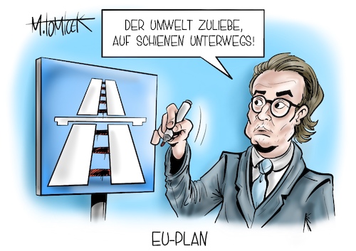 Cartoon: EU-Plan (medium) by Mirco Tomicek tagged andreas,scheuer,bundesverkehrsminister,schienengipfel,gifpel,schiene,schienen,bahn,europäische,bahnlinie,bahnlinien,europa,eu,direktverbindung,verbindungen,direkt,ausbau,ausgebaut,auto,umwelt,umweltschutz,autobahn,naturschutz,natur,zug,züge,schnellzüge,alternative,zugverkehr,verkehr,bahnverkehr,karikatur,pressekarikatur,cartoon,mirco,tomicek,andreas,scheuer,bundesverkehrsminister,schienengipfel,gifpel,schiene,schienen,bahn,europäische,bahnlinie,bahnlinien,europa,eu,direktverbindung,verbindungen,direkt,ausbau,ausgebaut,auto,umwelt,umweltschutz,autobahn,naturschutz,natur,zug,züge,schnellzüge,alternative,zugverkehr,verkehr,bahnverkehr,karikatur,pressekarikatur,cartoon,mirco,tomicek