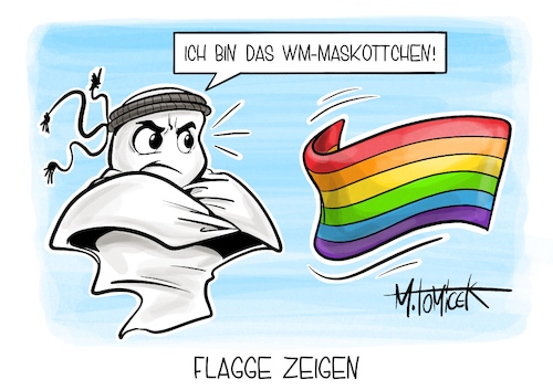 Cartoon: Flagge zeigen (medium) by Mirco Tomicek tagged wm,quatar,katar,regenbogenflagge,regenbogen,flagge,fahne,one,love,weltmeisterschaft,fußball,stadion,stadien,maskottchen,flaggen,binde,cartoon,karikatur,pressekarikatur,mirco,tomicek,wm,quatar,katar,regenbogenflagge,regenbogen,flagge,fahne,one,love,weltmeisterschaft,fußball,stadion,stadien,maskottchen,flaggen,binde,cartoon,karikatur,pressekarikatur,mirco,tomicek